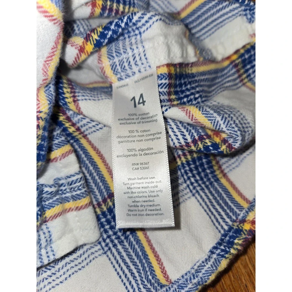 OshKosh Bgosh Boys 14 Blue White Yellow Plaid Button Down Flannel Pocket Shirt‎